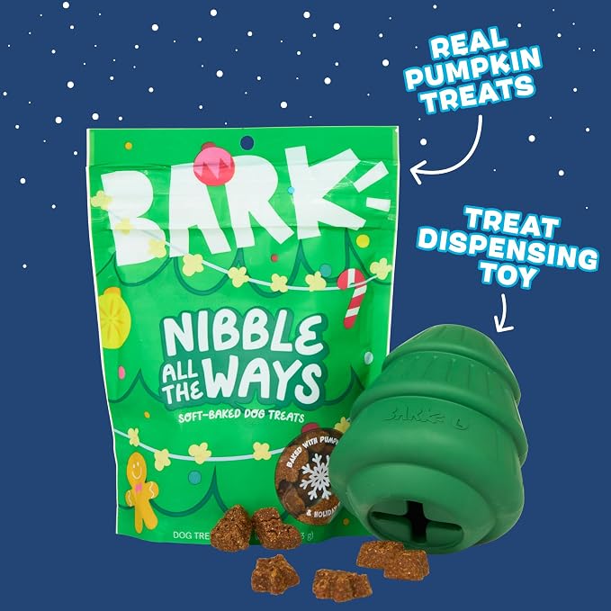 Barkbox O’Christmas Tree & Treat Set – Durable Treat-Dispensing Rubber Dog Toy with Pumpkin Treats – Fun Stocking Stuffer for Strong Chewers (Pack of 2)