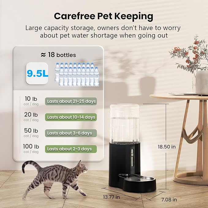 CZPET Dog Water Bowl Dispenser 9.5L, Wider Mouth & Upgraded Brush, Easy Cleaning Automatic Cat Gravity Refilling Waterer with Removable Stainless Steel Bowl, Large Drinking Area for Multi-Pet (Black)