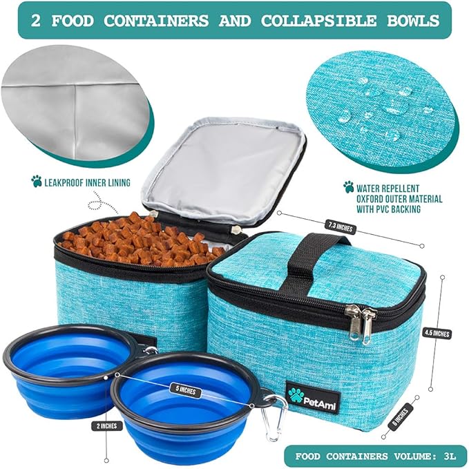 PetAmi Dog Travel Bag Organizer with Food Container & Bowls, Sea Blue, Medium