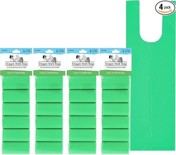 Large Dog Waste Bags on a Roll with Easy Tie Handles, Extra Thick and Strong Dog Poop Bags, 288 Count, Scented, 5.5 x 5.5 x 17 Inches, Green