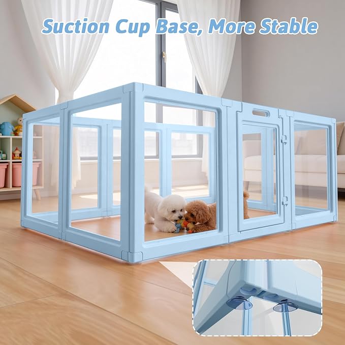 DIY Clear Acrylic Dog Playpen House,Quick Easy Assembly and Disassembly,Strong Floor Suction,Indoor and Outdoor Use,Easy Cleansing Puppy Fence (Sky Blue, 23.6" H, 10PCS)
