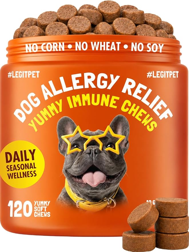Allergy Relief Chews for Dogs & Immune & Digestive Supplement with Wild Salmon Oil Kelp Colostrum Turmeric Probiotics & Bee Pollen for Seasonal Allergies Anti Itch, Skin Hot Spots 120 Soft Treats