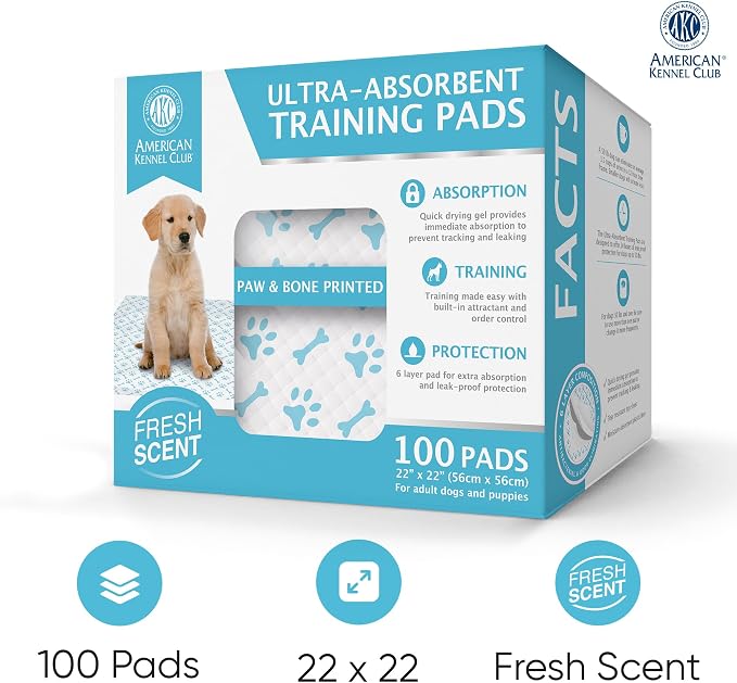 American Kennel Club Paw and Bone Training Pads for Dogs, 100 Count, 22" X 22" Fresh Scented, Absorbent Leak-Proof Dog Pee Pads in Box,Blue