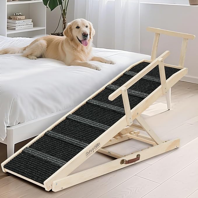 Dog Ramp for Bed - 53.3" Long Foldable Pet Ramp for Small Large Dogs - Dog Ramps for High Beds Couch Car/SUV - Pet Stairs High Traction with Platform 7 Adjustable Heights 17" to 30" Up to 200LBS, Wood