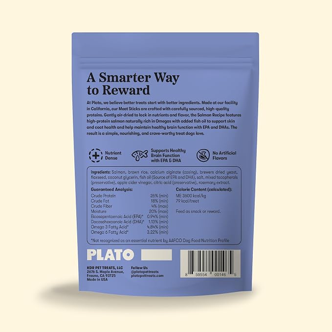Plato Meat Sticks Lamb Dog Treats, Air-Dried High-Protein Soft Chews, Grass-Fed New Zealand Lamb with Omega Fish Oil, 10 oz