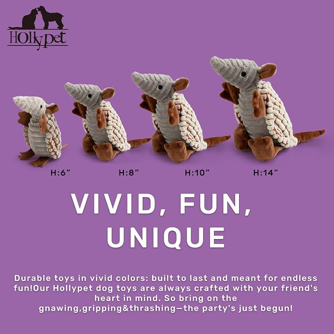 Hollypet Armadillo Squeaky Puppy Dog Toys for Small Medium Dogs, 8" | plush stuffed small dog squeak animal toy with unique grunt squeaker textured fabric for teeth cleaning toys