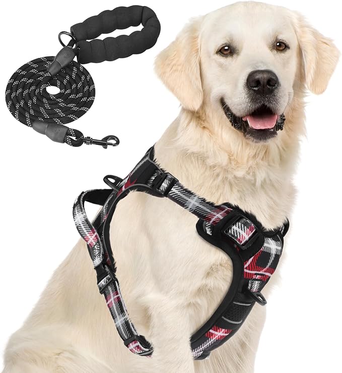 PUPTECK No Pull Dog Harness for Large, Adjustable Reflective Dog Harness with Handle Easy Control, Comfortable Soft Padded Pet Vest Harness for Large Dogs, Plaid Black XL