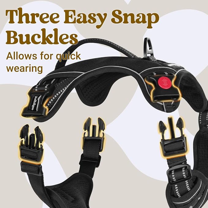 rabbitgoo Large Dog Harness, Easy Wear with 3 Buckles and Lift Handle | No Pull with Front Clip for Walking, Adjustable Soft Padded, Reflective, Easy Control, Black, X-Large