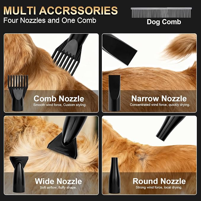 FURRYFECTION Professional Pet Hair Dryer, Quiet High Velocity Dog Grooming Blower with Adjustable Speed & Temperature, 4 Nozzles, Low Noise Pet Dryer for Dogs & Cats, Blue