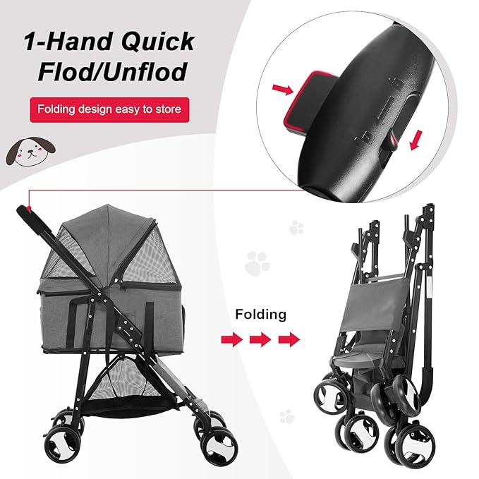 BestPet 4-Wheel Pet Stroller - Grey, Detachable Carrier