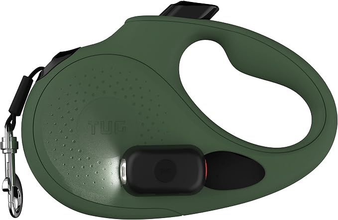 TUG Oval 360° Tangle-Free Retractable Dog Leash | Flashlight Included | Integrated Waste Bag Dispenser Pocket (Small, Green)