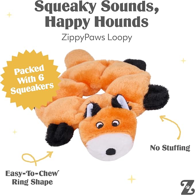 ZippyPaws Loopy No Stuffing Dog Toys to Keep Them Busy - 10" | For Small, Medium, & Large Dogs, Squeaky Pet Toy for Boredom, Unstuffed Chew Toy, Soft Plush Puppy Products, Fox