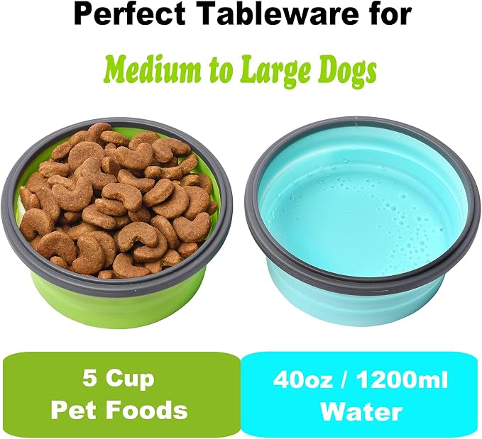 Large Collapsible Travel Dog Bowls, 2 Pack with Lids, 40oz