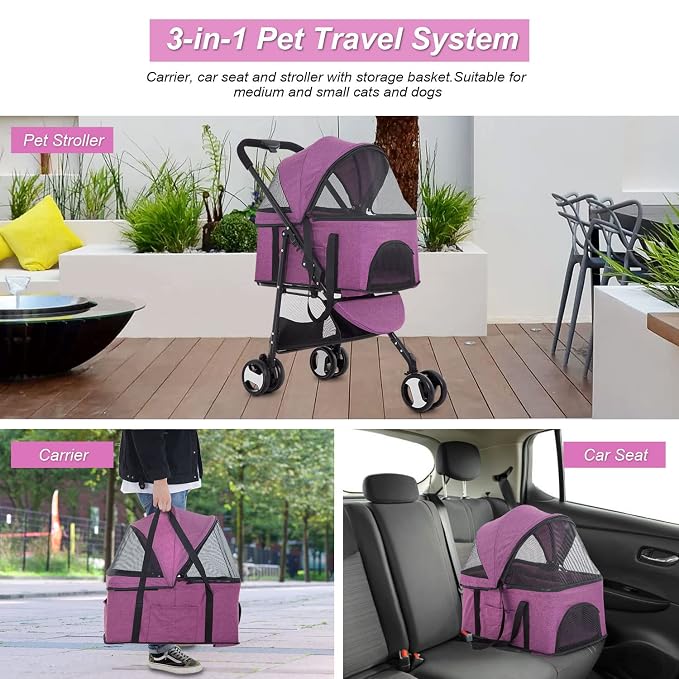 BestPet Premium 3-in-1 Pet Stroller - Purple, 3-Wheel