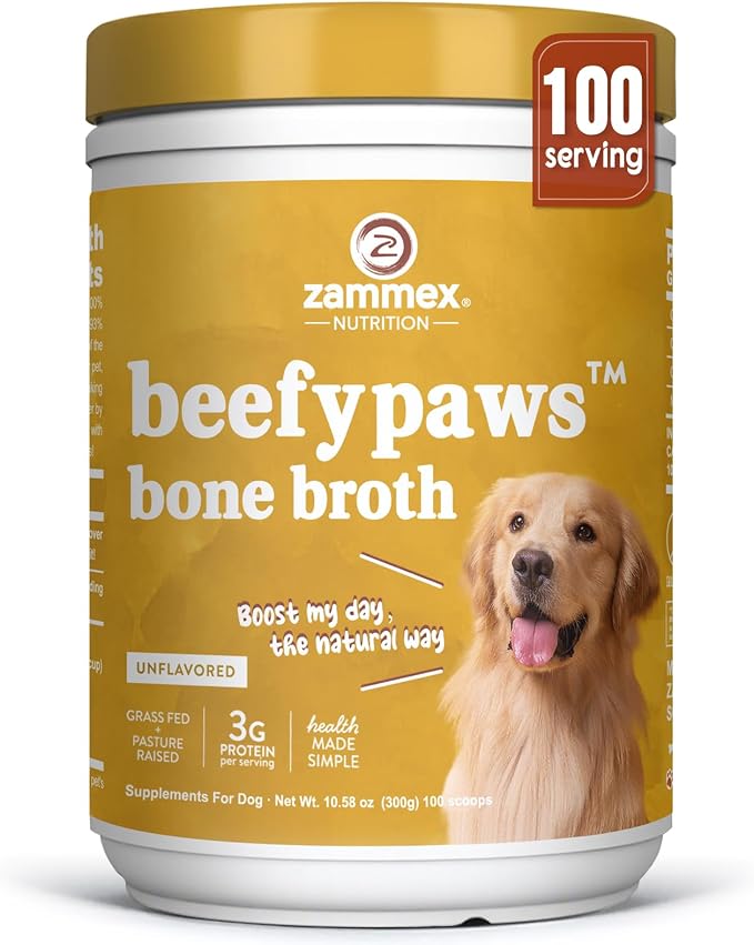 Zammex Grass-Fed Beef Bone Broth Protein Powder for Dogs & Cats - Joint & Bone Support, Gut Health & Immune Support, Healthy Fur Enhancer, Pet Food Topper for Dry & Wet Food, 10.58oz