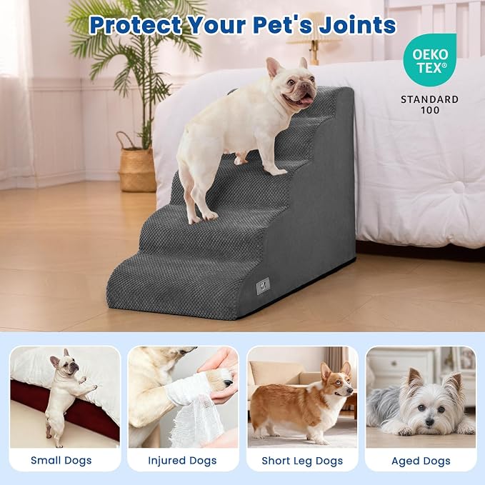Airpanda 5 Step Dog Stairs for High Bed – Pet Steps for Small Dogs, Non-Slip Dog Ramp with Washable Cover, Pet Ladder for High Beds,Grey