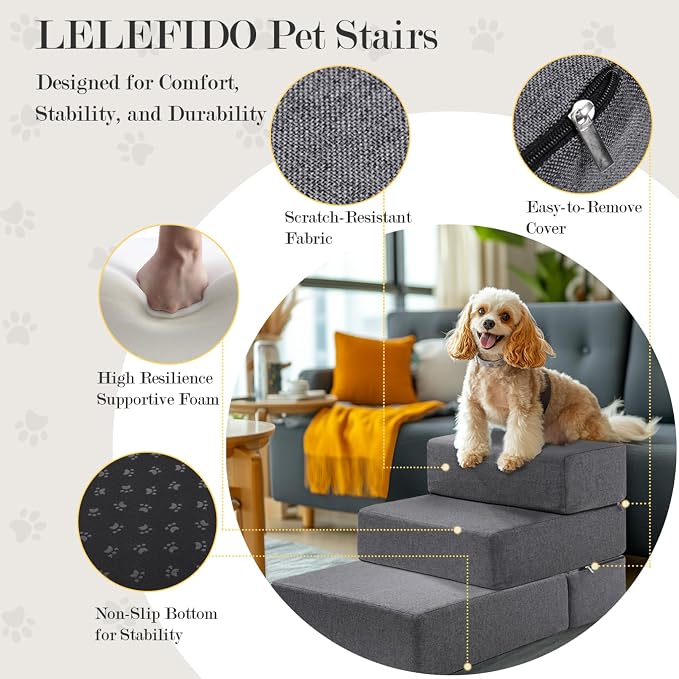Dog Stairs for Small Dogs 18" H, Modular 3-Step Dog Steps for Bed and Couch, Non-Slip Indoor Pet Stairs for Cats, Pet Step with Washable Cover Grey