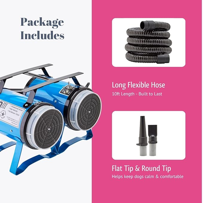 Electric Cleaner Company K9 III Dog Blow Dryer - High Power Grooming Dryer, Heavy Duty, 10' Hose, Deshedding, Metallic Blue