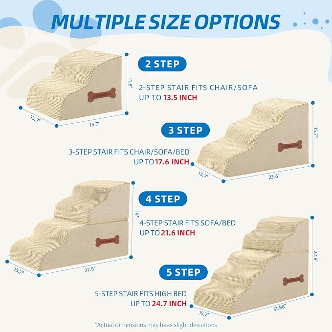 Dog Stairs 3-Step for Small Dogs and Cats to Get on Bed and Furniture/Windows, Pets Can Climb, Sit, or Perch to Look Out Windows, Extra Wide Dog Steps, Non-Slip Waterproof Fabric Cover, Beige（15.7" H）