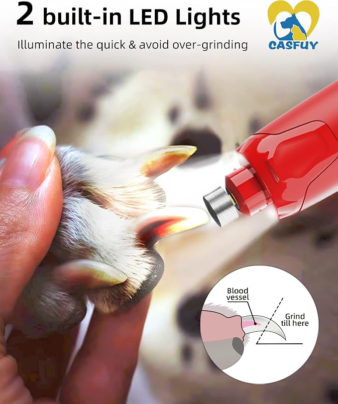 Casfuy 6-Speed Dog Nail Grinder with 2 LED Lights - Red