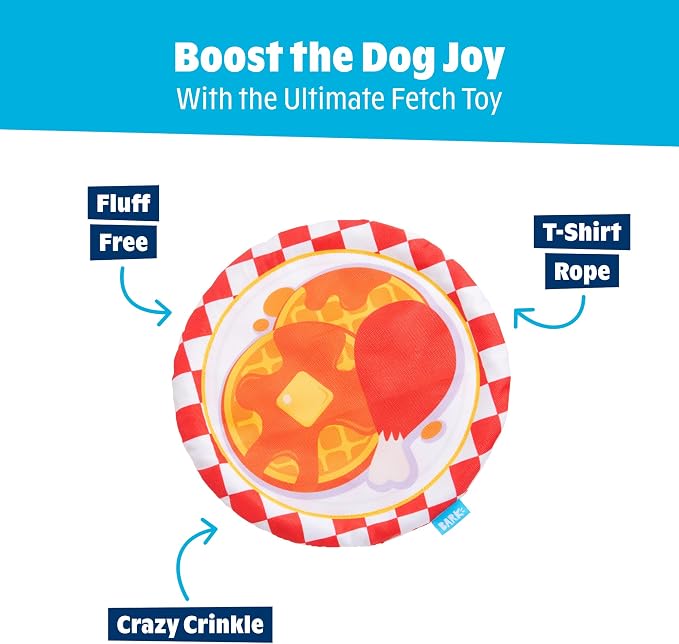 BarkBox Chicky and Woofles to Go Flying Disc Dog Toy - for Dogs | Fluff-Free Crinkle Disc with T-Shirt Rope Edge | Durable Fetch & Tug Toy & Puppies