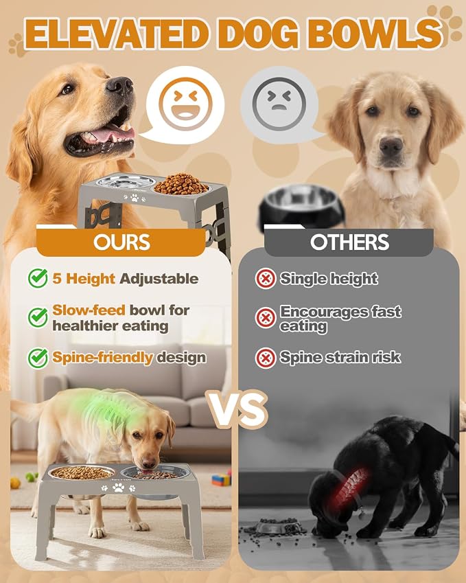 Jovrun Elevated Dog Bowls for Small Medium Large Size Dogs, Non-Slip Dog Feeder with 2 Food Water Bowls, 2-5 Heights Adjustable Raised Bowls Stand