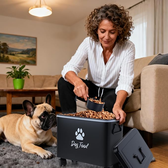 Dog Food Container 13lb, The storage container for small and medium-sized dog and cat food measures 13 inches (length) x 7.1 inches (width) x 11 inches (height), with enough space to hold 13 pounds of pet favorite dry food., 13lb, Metal, Black-L