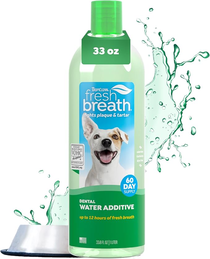 TropiClean Fresh Breath Dental Water Additive, Dog Breath Freshener, 33.8oz | Freshens Breath & Cleans Teeth | No Toothpaste or Toothbrush Required