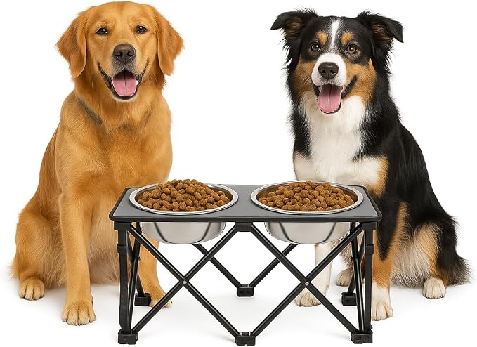 Foldable Camping Elevated Dog Bowl Stand – 10" Height Raised Dog Feeding Stand with 2 Stainless Steel Bowls 2.6" Depth – Portable Food and Water Bowl Set for Medium and Large Dogs – Black