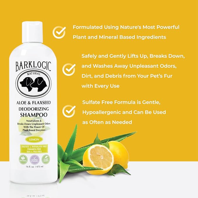BarkLogic Dog & Puppy Deodorizing Shampoo, 16oz, Lemon, Made in USA