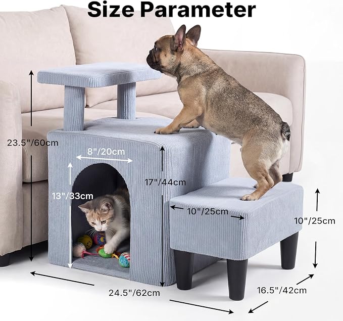 Veehoo 3 in 1 Dog Cat Stairs for Bed Couch, Small Steps Non Slip for Older Dogs Cats to Get on Bed Portable with Cave Condo and Cushioned Foot Stool, Pet Steps Cat Ramps Indoor for Senior Cats Dogs