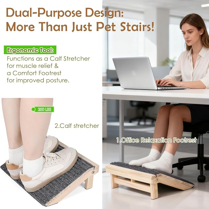 Foldable Dog Ramp for Stairs, Wooden Dog Stairs for Small Dogs | 4.2"H, 2 Pack, Up to 170 lbs, Assist Elderly/Injured Small Dogs, Anti-Slip Carpet Surface, Natural Solid Wood, No Assembly