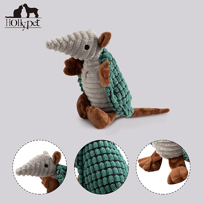 Hollypet Armadillo Squeaky Puppy Dog Toys for Small Medium Dogs, 8" | plush stuffed small dog squeak animal toy with unique grunt squeaker textured fabric for teeth cleaning toys