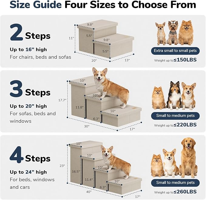 4-Step Wide Dog Stairs with Storage 23" H, Non-Slip Sturdy Pet Steps for High Bed Couch Window, Pet Stairs for Small/Medium/Large Old Dogs Cats Up to 220lbs, Cat Dog Steps for Car/SUV, Beige