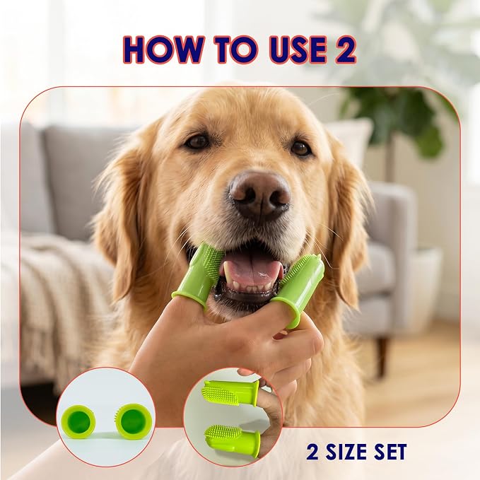 Dog Finger Toothbrush 2 Pack, Small & Large Sizes for Better Finger Fit, Soft Food Grade Silicone Dog & Cat Toothbrush, 180° Bristles for Plaque & Tartar Removal, Pet Teeth Cleaning & Bad Breath Care