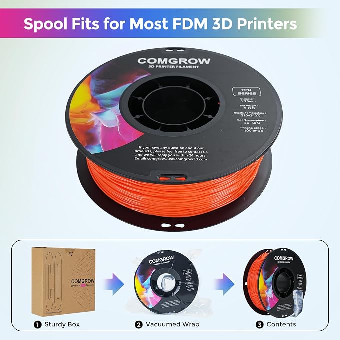 Comgrow TPU Filament 1.75mm, 3D Printing Filament, Flexible 3D Printer Filament, 95A Soft fit Most 3D Printers Dimensional Accuracy +/- 0.02mm TPU Orange1kg (2.2lbs)