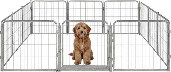 Indoor Dog Playpen - 24 inch, 12 Panels for Small and Puppy Size Dogs - Play Pen w/Extra Wide Gate - Heavy Duty Metal Portable Pet Fence with Grey Anti-Rust Coating