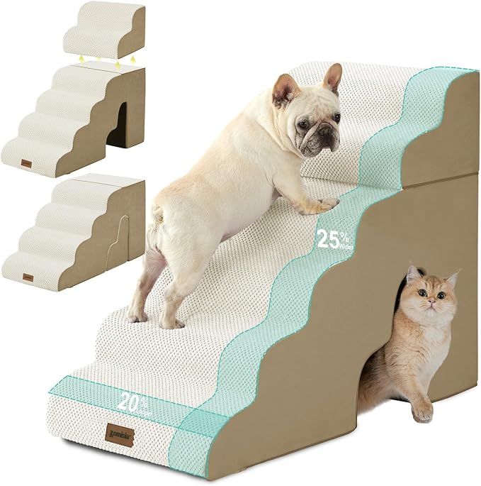 ZOMISIA Dog Steps for High Beds - 6 Step 29" H Pet Stairs with Tunnel 2 in 1 with Zippers Suitable for Large Dogs and Cats, Indoor Cat Ladders with Non-Slip Bottom, Beige