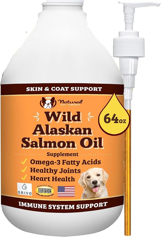 Natural Dog Company Wild Alaskan Salmon Oil Formula with Omega 3, Fish Oil for Dogs Supplement, Skin & Coat Dog Oil, Itchy Relief, Immune Support for Joints & Heart, Food Topper, 64 oz
