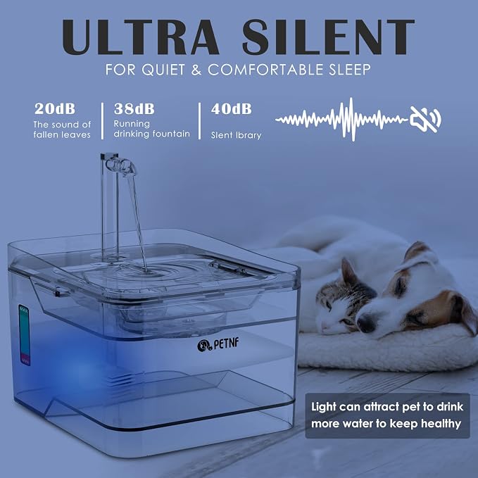 PETNF Transparent 3L/101oz Pet Water Fountain - Automatic Cat & Dog Dispenser with LED Light, Ultra Quiet Pump, 3 Flow Modes & 2 Filters