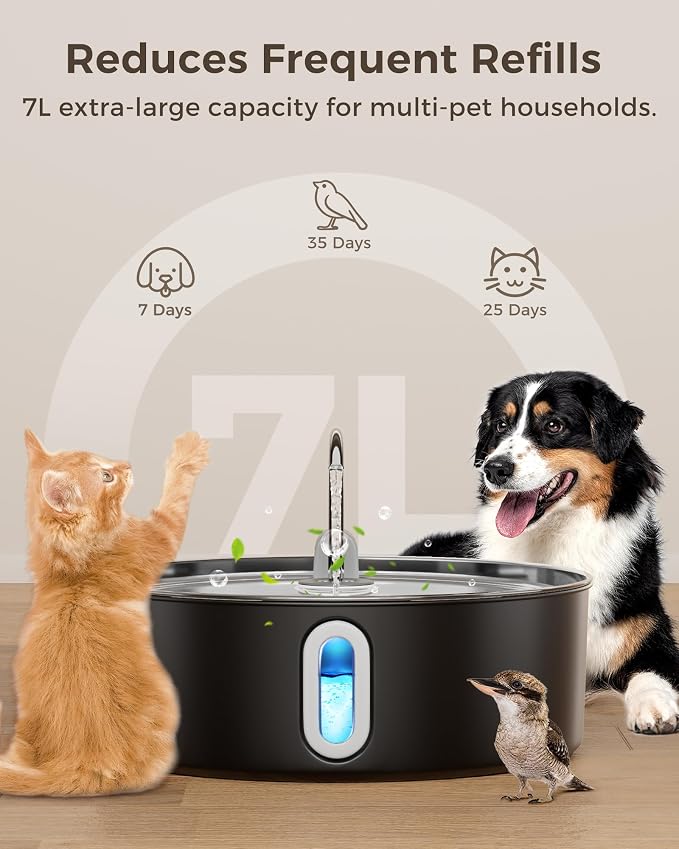 Smartoo Dog Water Fountain for Large Dogs 7L/236oz Stainless Steel Dog Water Bowl Dispenser Automatic Pet Water Fountain, Multi-Filtration Pet Fountain with Ultra-Quiet Pump (Black)