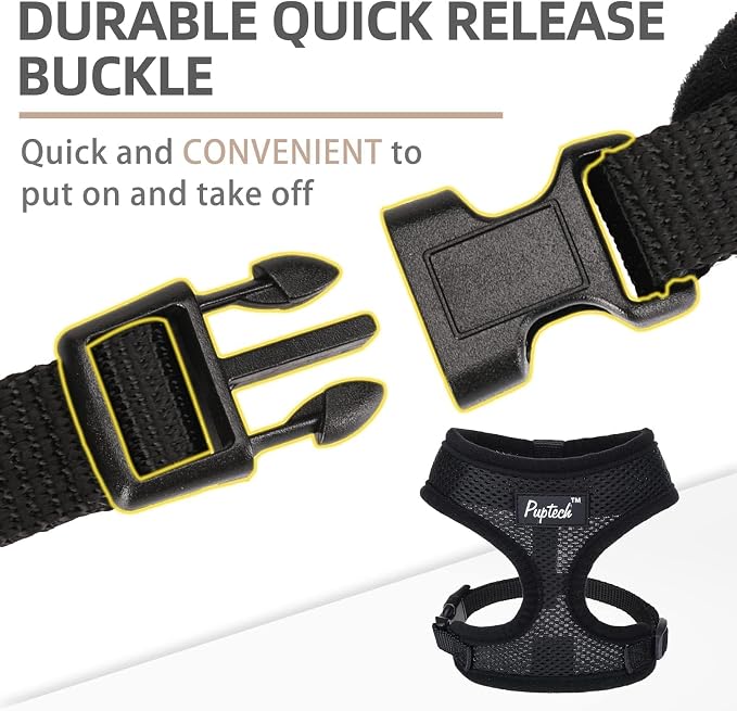 PUPTECK Soft Mesh Dog Harness and Leash Set Pet Puppy Cat Comfort Padded Vest No Pull Harnesses, Solid Black, XS