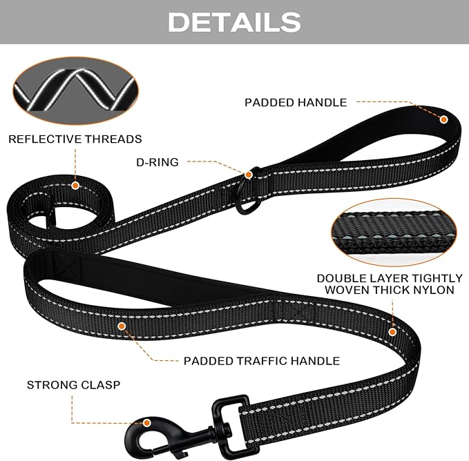 Joytale Dog Leash for Large Dogs that Pull, Double Handle, 6FT, Black | Traffic Handle for Control, Padded Handle Reduces Hand Strain, Reflective Stitching for Night Safety, Strong Nylon Webbing