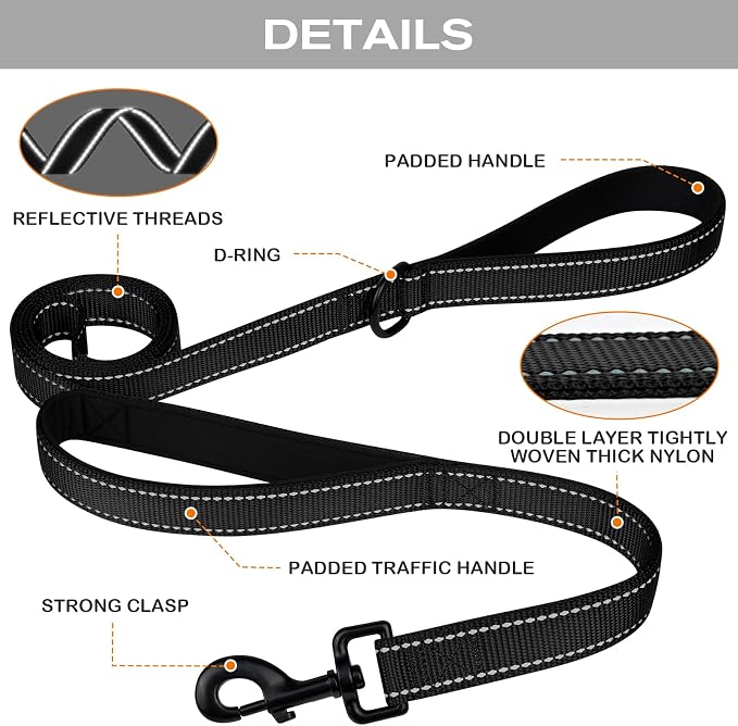 5FT Double Handle Dog Leash for Training and Dog Harness (Chest: 14-28"), Reflective Leashes for Medium Dogs and Adjustable Soft No Pull Harness (Black,M)