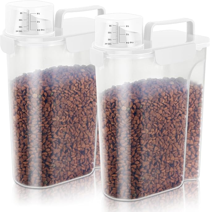 5Lbs Airtight Dog Cat Storage Container Portable with Upgraded Large Spout and Cup, Plastic Pet Food Dispenser for Small Animal Kibble, Bird Seed, Oatmeal, Rice, Flour, Brown Sugart-2 Pack Milky white