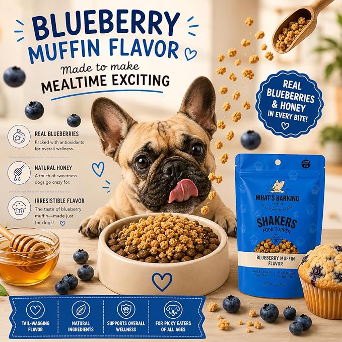 What's Barking Shakers Blueberry Muffin Dog Meal Topper, Treat Crumbles for Dog Food, Sprinkle Topper for Kibble or Wet Food, Made in USA, Resealable Bags, Pack of 3