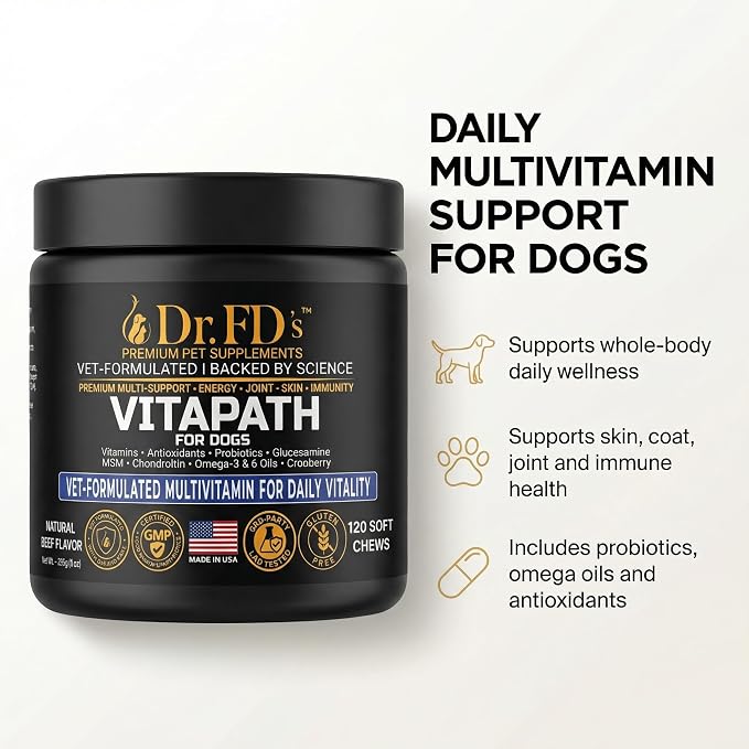 Dr. FD's VitaPath Dog Multivitamin, Vet-Formulated Soft Chews, 120 Count, Daily Vitamins with Antioxidants and Omegas for Skin and Coat, Energy and Healthy Aging, Natural Beef Flavor