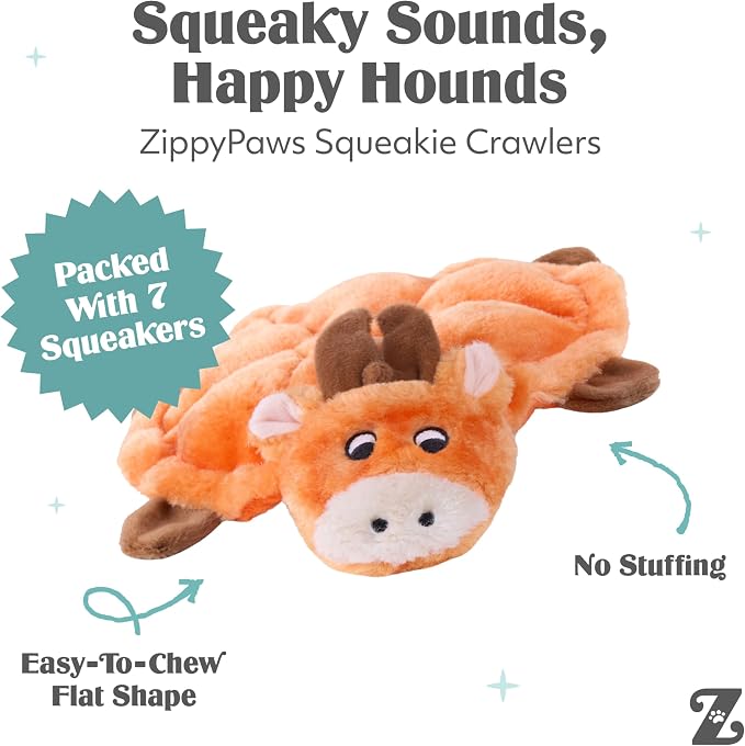 ZippyPaws Squeakie Crawler- No Stuffing Dog Toy to Keep Them Busy, for Small, Medium, & Large Dogs, Squeaky Pet Toy for Boredom, Unstuffed Chew Toy, Soft Plush Puppy Products, Moody the Moose- 12"