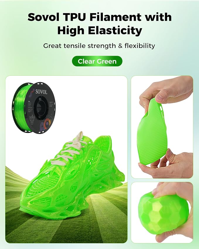 Sovol TPU Filament 1.75mm, 95A Soft TPU Flexible 3D Printer Filament with High Elasticity, 1kg (2.2lbs), Dimensional Accuracy +/- 0.03 mm, Fit Most FDM Printer, Clear Green