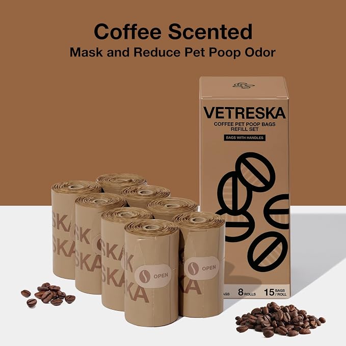 VETRESKA Dog Poop Bags with Handles 120 Count, Coffee Scented Waste Bags, Leak-Proof Thick Dog Bags for Poop, Easy-Tie Large Poop Bags, 8 Refill Rolls for Dog Walking Cat Litter